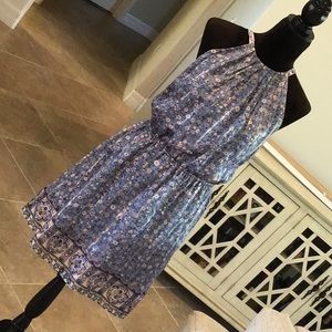 joie sleeveless dress, elastic waist, blue w/ small floral print & metallic, XS